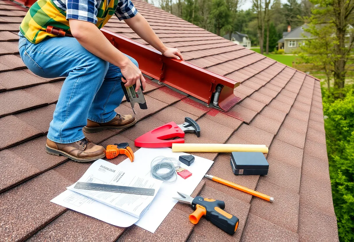Homeowner working on DIY gutter installation on roof.