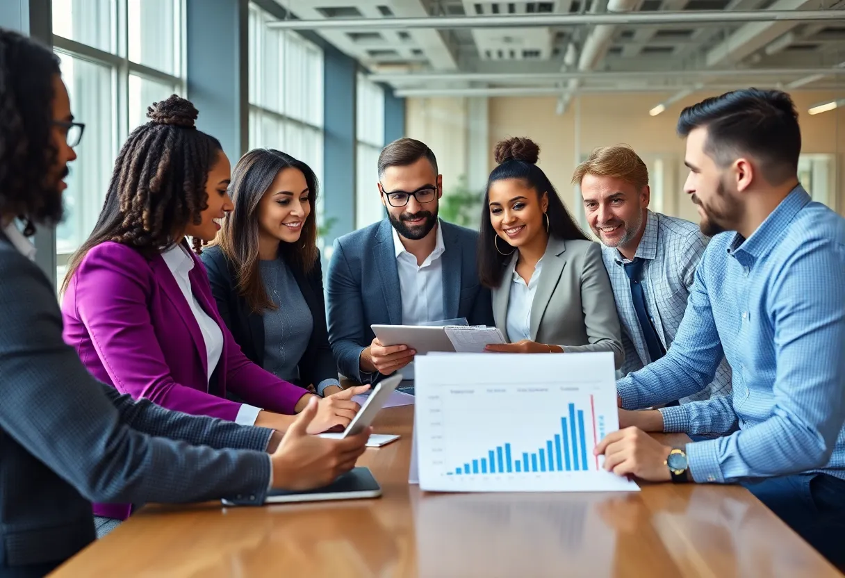 Professionals discussing marketing strategies in an office setting