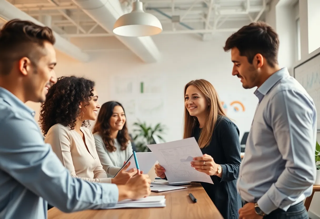 A marketing team in a collaborative workspace focused on growth strategies.