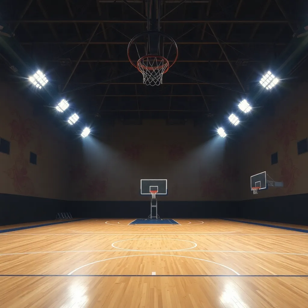 A dramatic basketball court under bright lights.