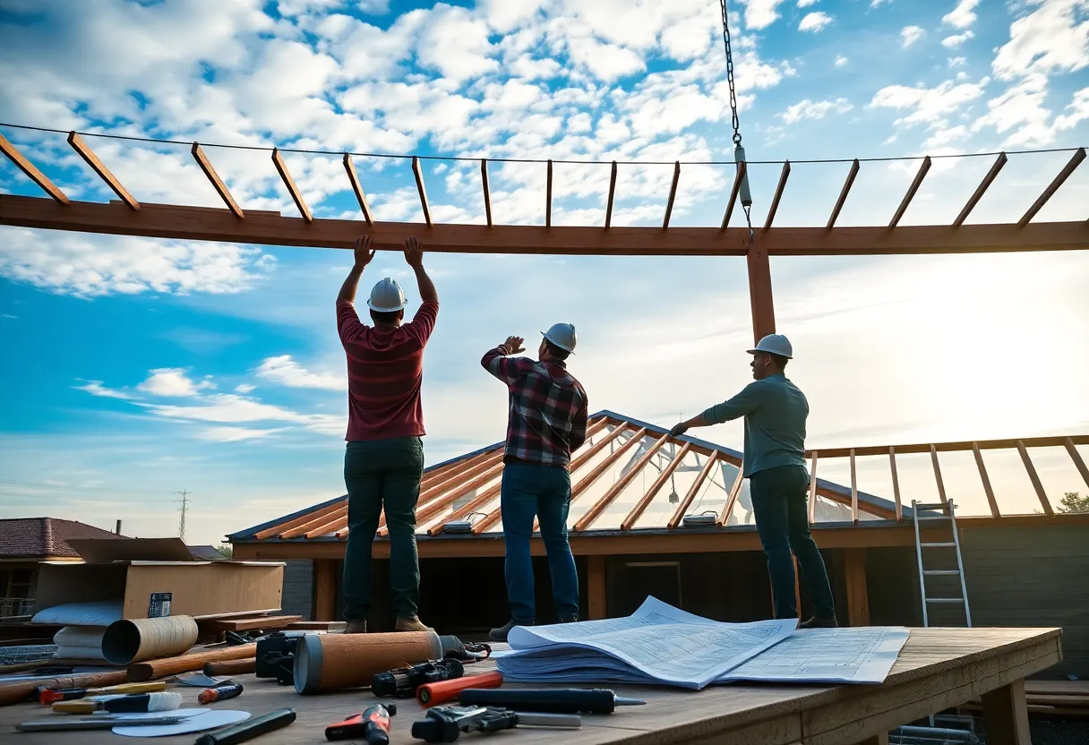 Workers installing a roof at a construction site