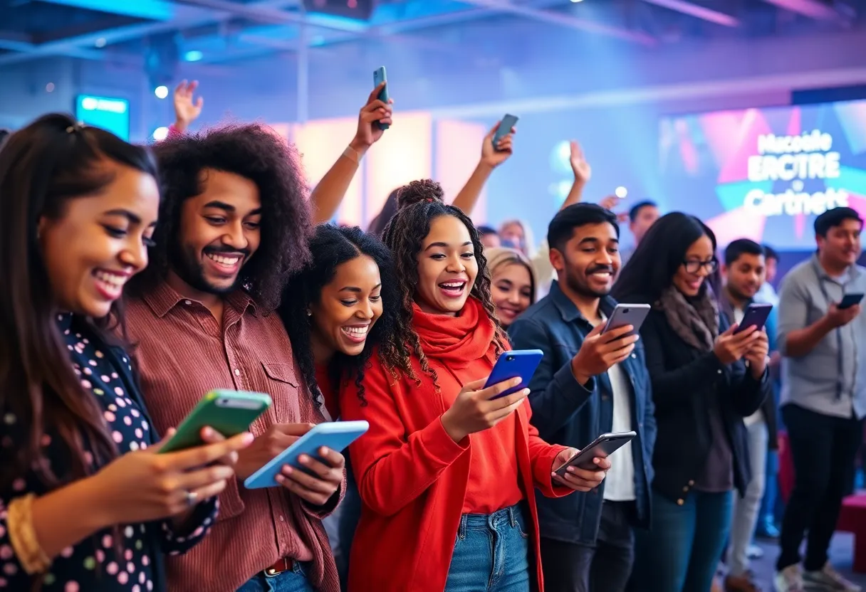 Participants enjoying a social media contest with their devices.