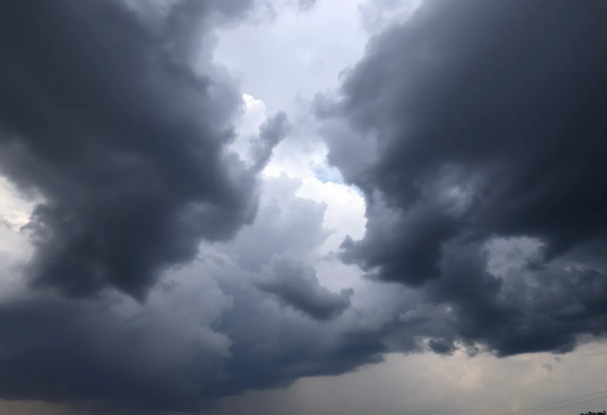 Dark storm clouds over Columbia SC indicating a thunderstorm warning.