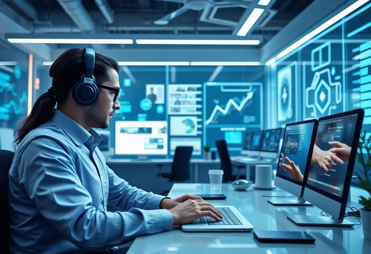 A digital marketing workspace illustrating the use of AI marketing tools