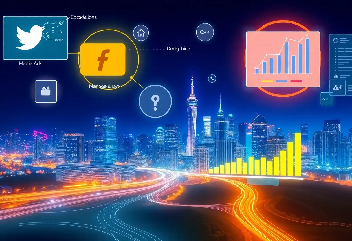 Illustration of the digital advertising growth trends in a futuristic landscape.