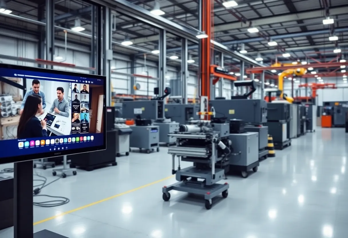 Manufacturers utilizing digital marketing strategies in a factory setting.