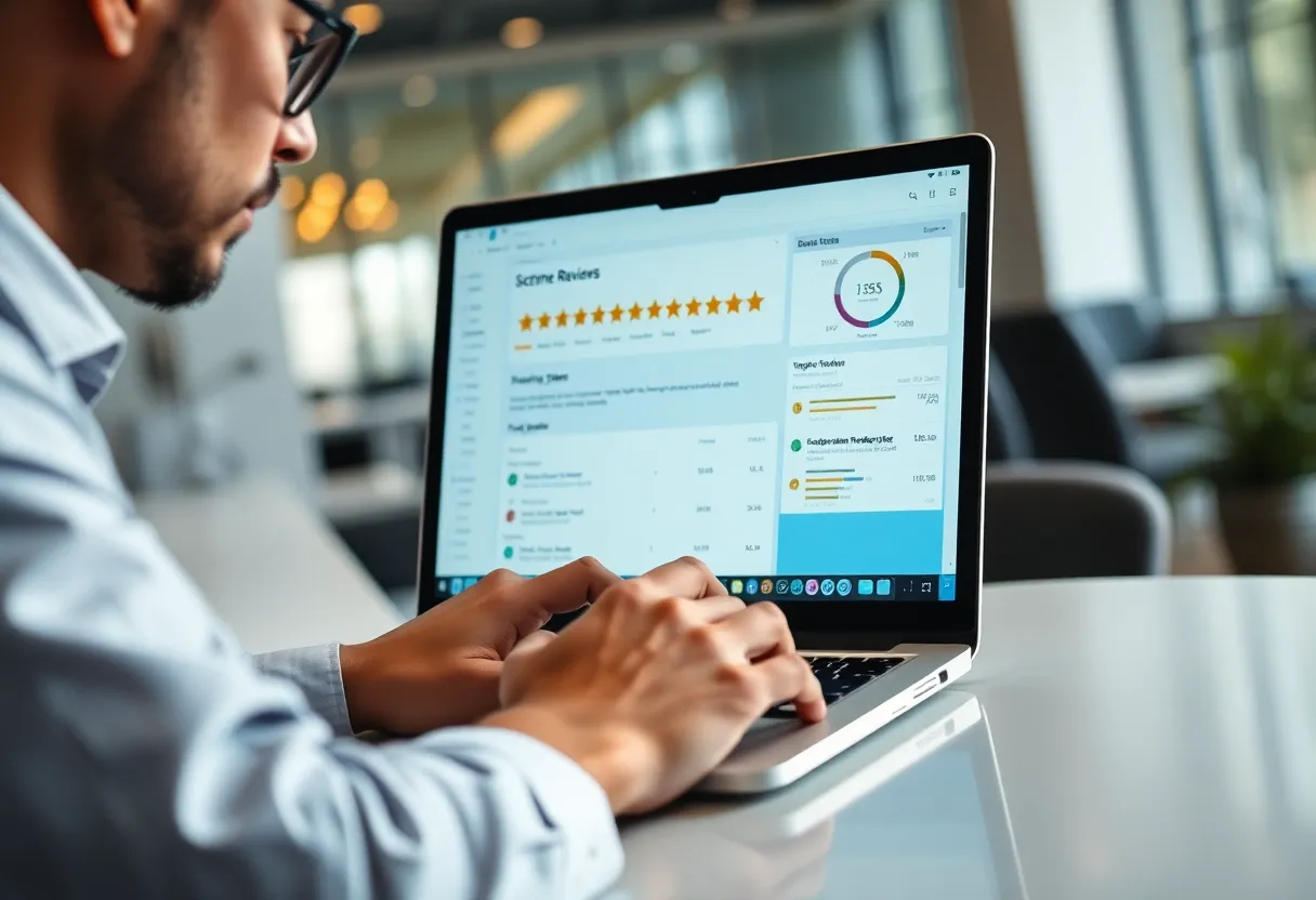 A business person engaging with customer feedback online.