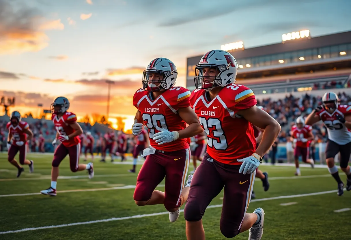 Montana college football players on the field during a game