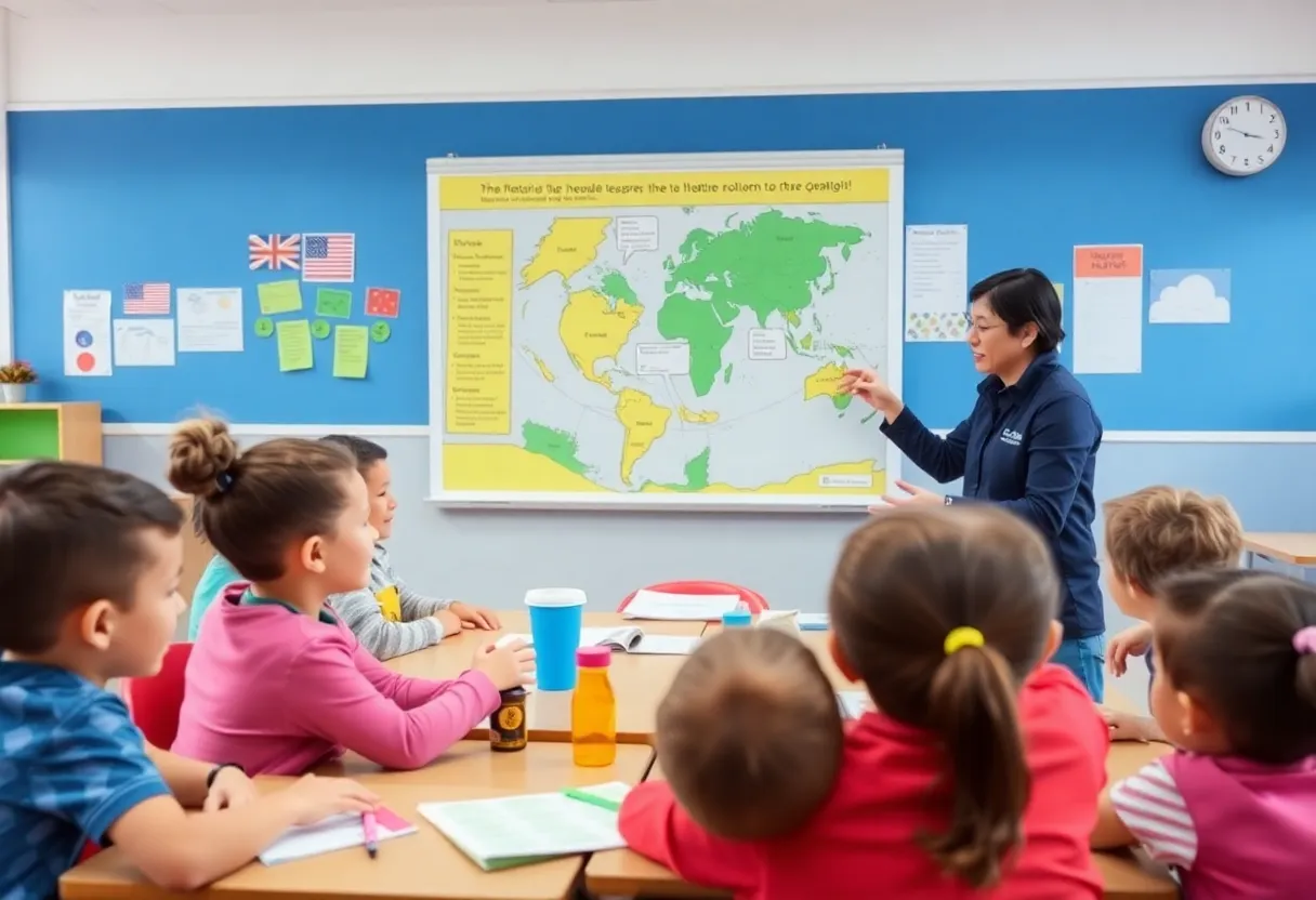 Students learning about weather with meteorologist.