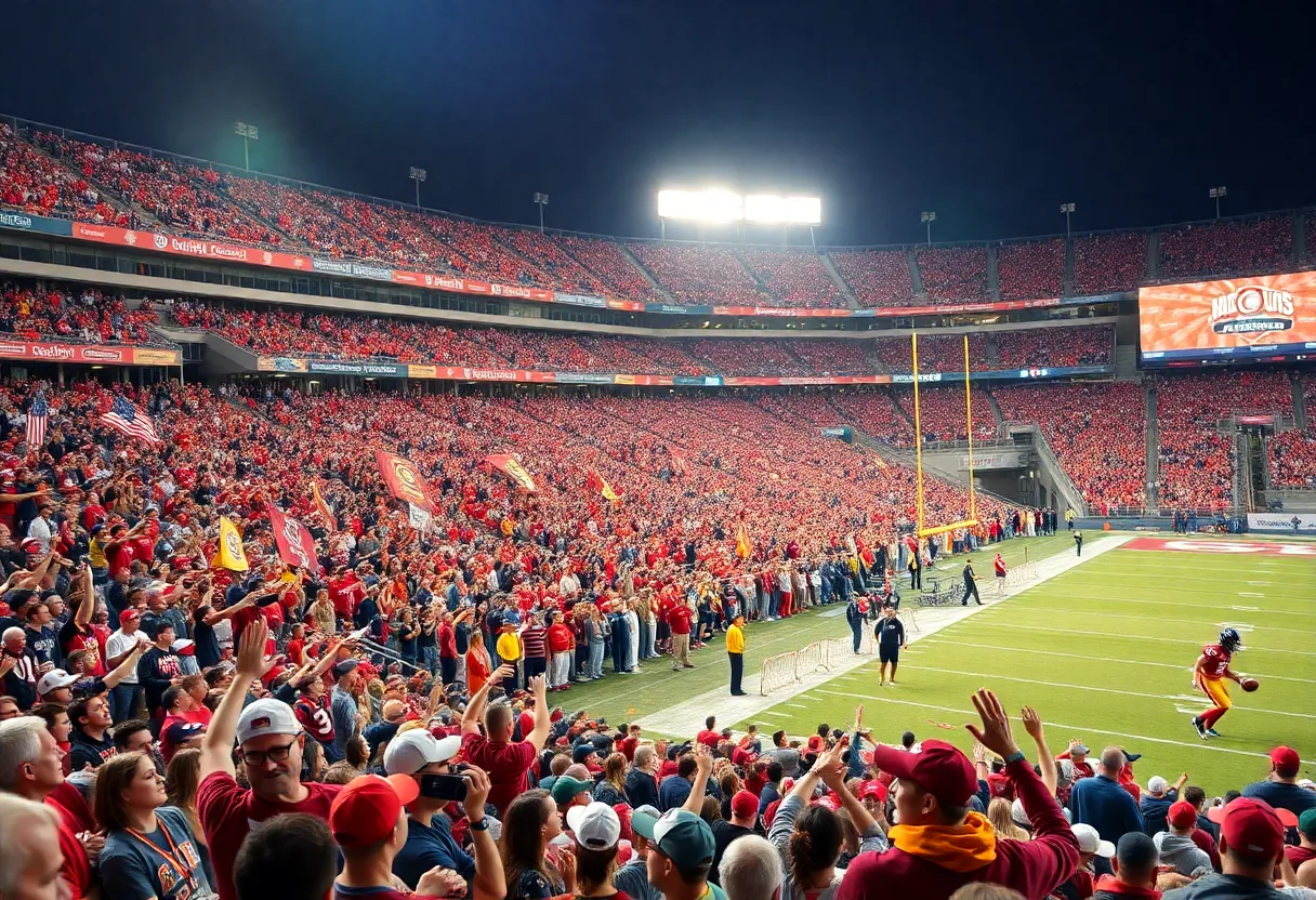 Crowd cheering at a college football bowl game