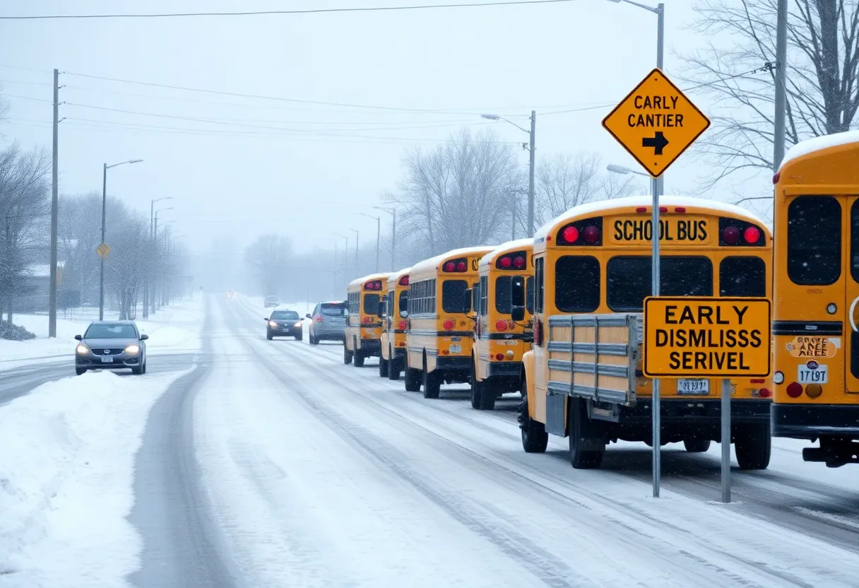 Snowy roads and buses in Columbia SC during winter storm warning