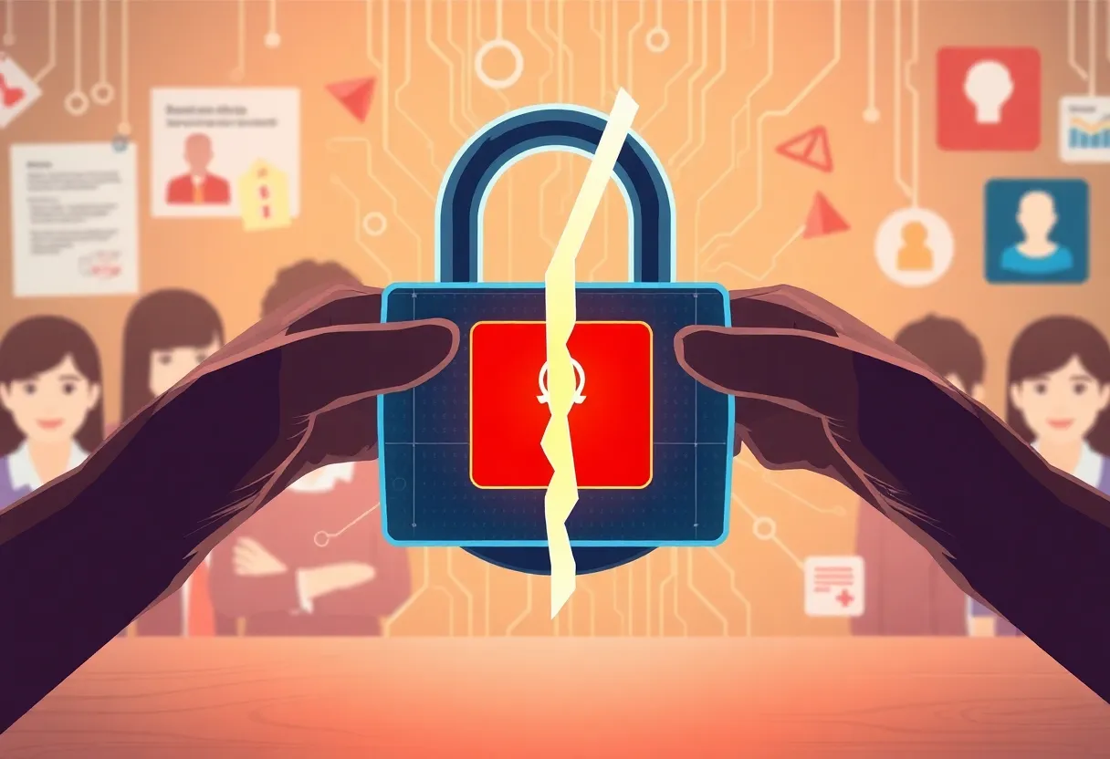 Digital lock breaking symbolizing a data breach in educational institutions