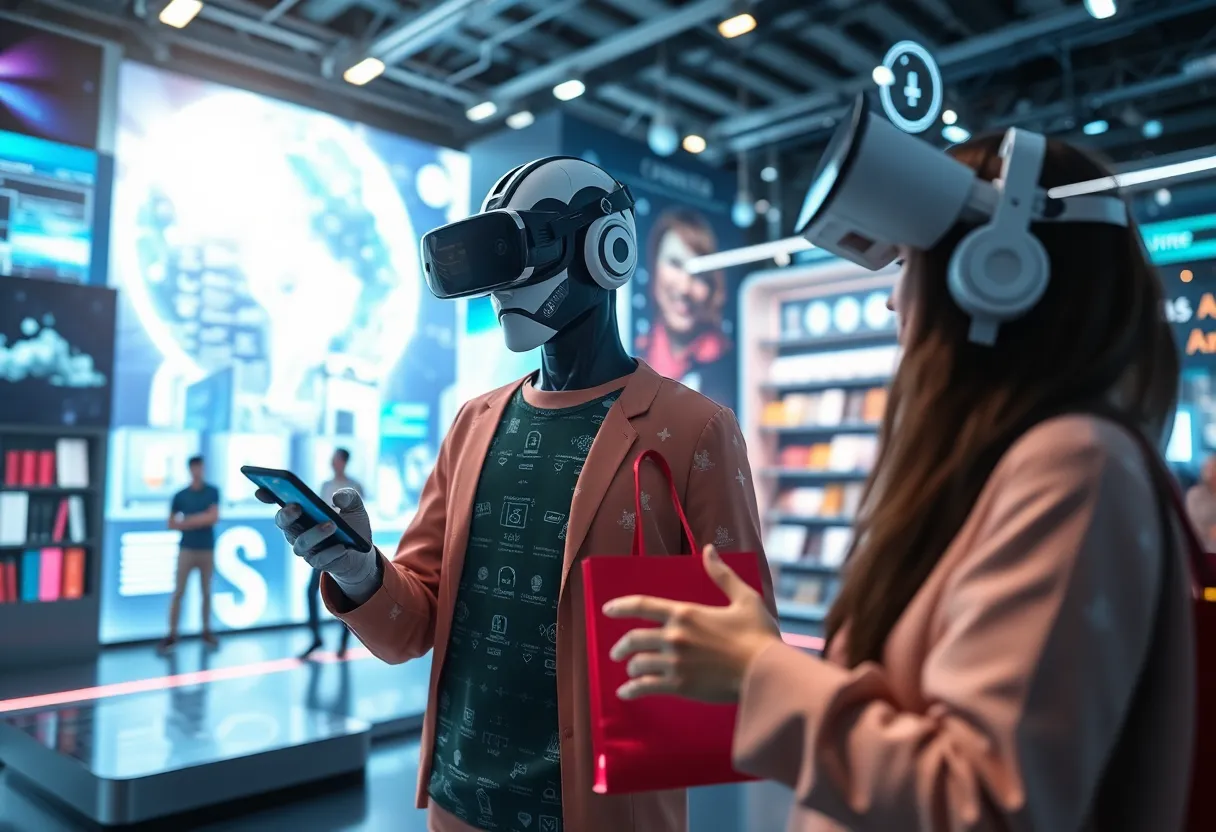 Futuristic landscape of digital marketing trends including AI and social media shopping.