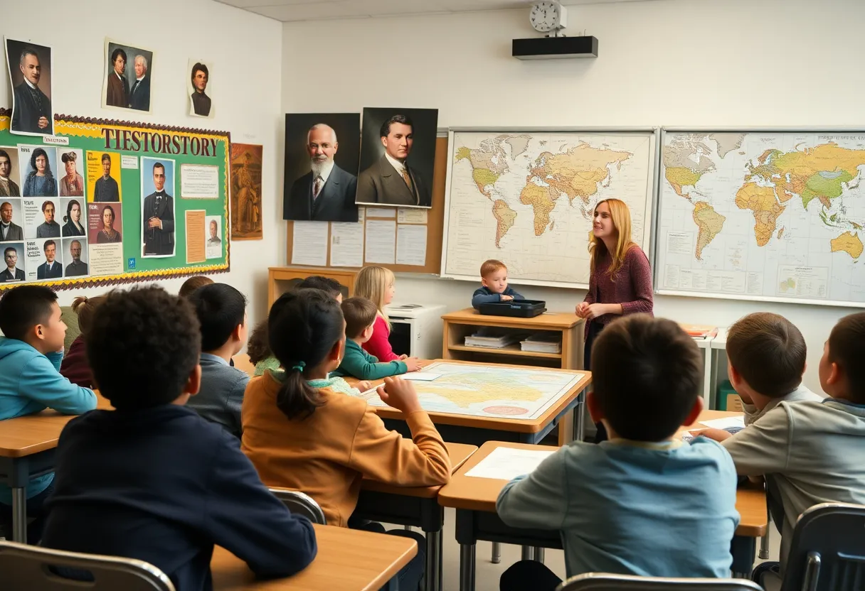 Students actively participating in a history lesson with enthusiastic teacher