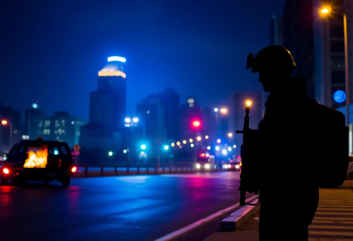 Scene of a burning vehicle outside a hotel with emergency lights, symbolizing a tragic incident.