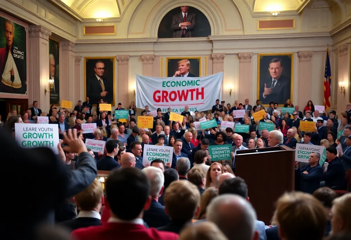 Crowd at State House during a speech on economic growth
