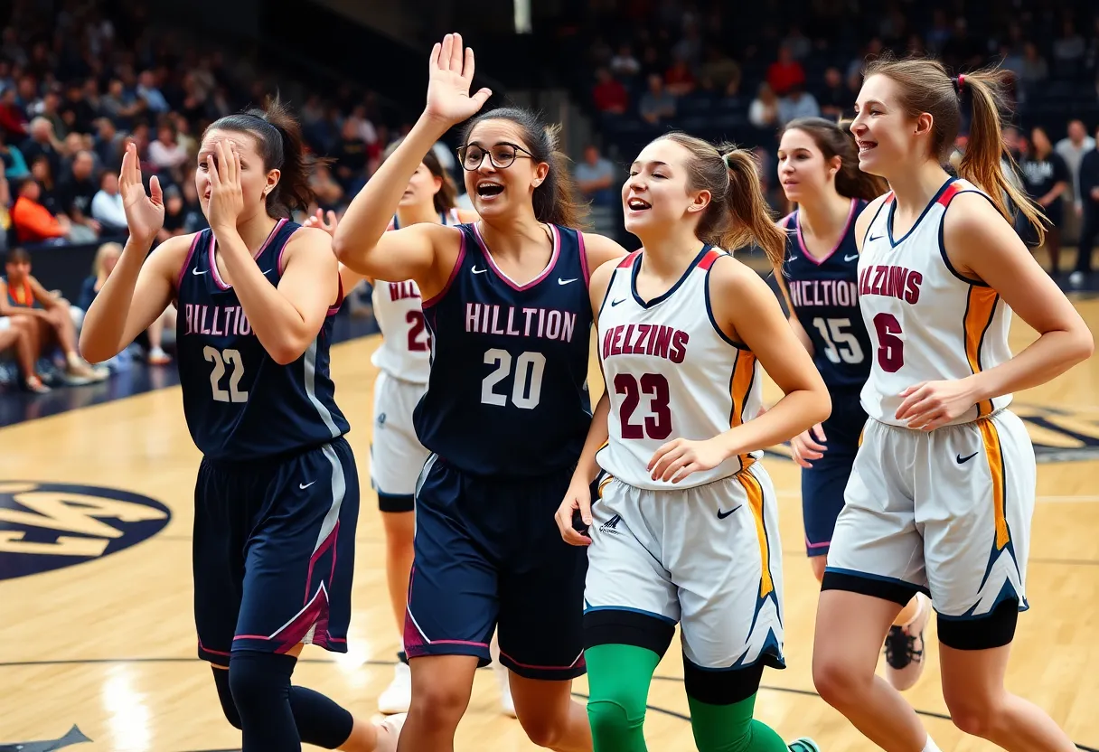 Newberry College and Presbyterian College women's basketball teams in a game.