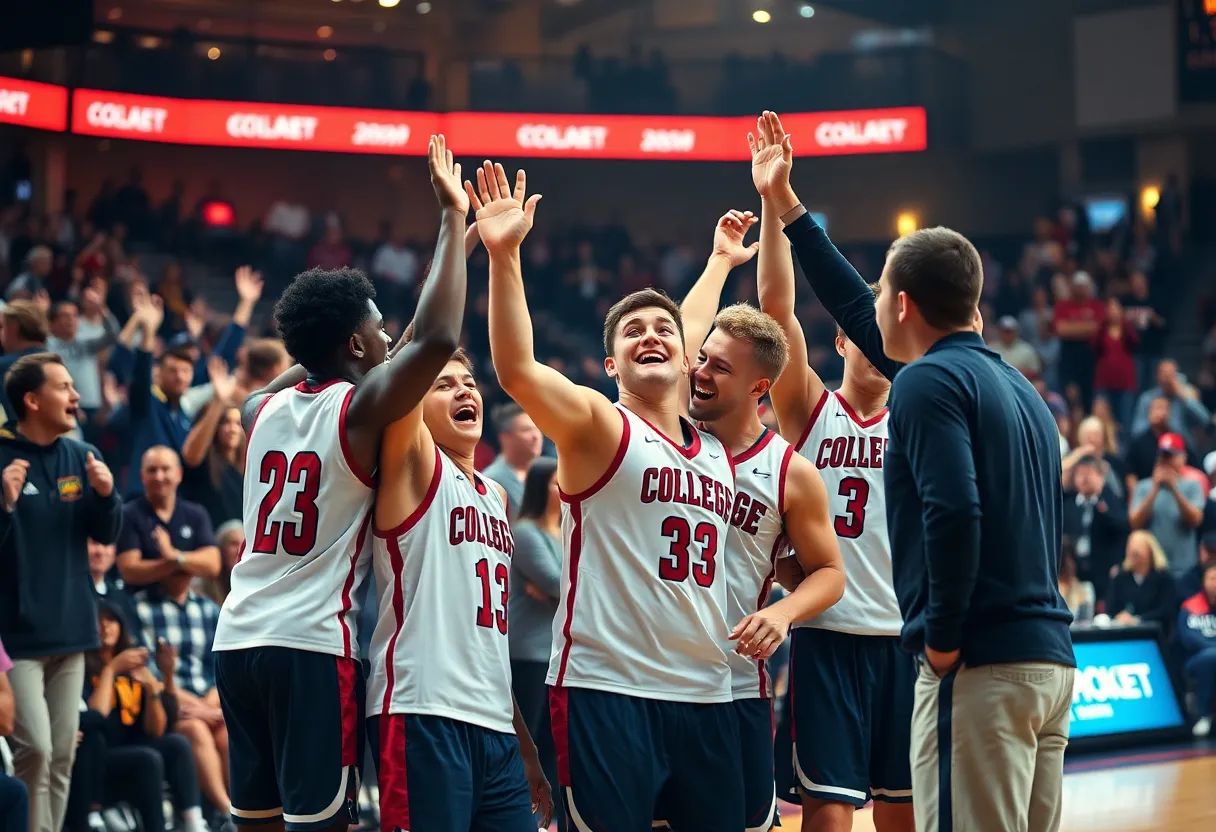 Newberry College Wolves players celebrating after a win at Eleazer Arena