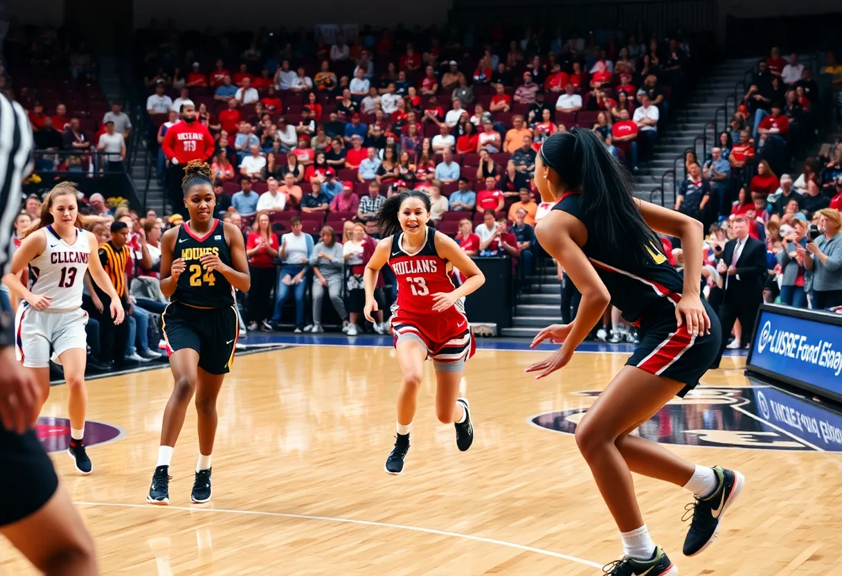 Basketball action in a women's college game between Newberry College and Catawba