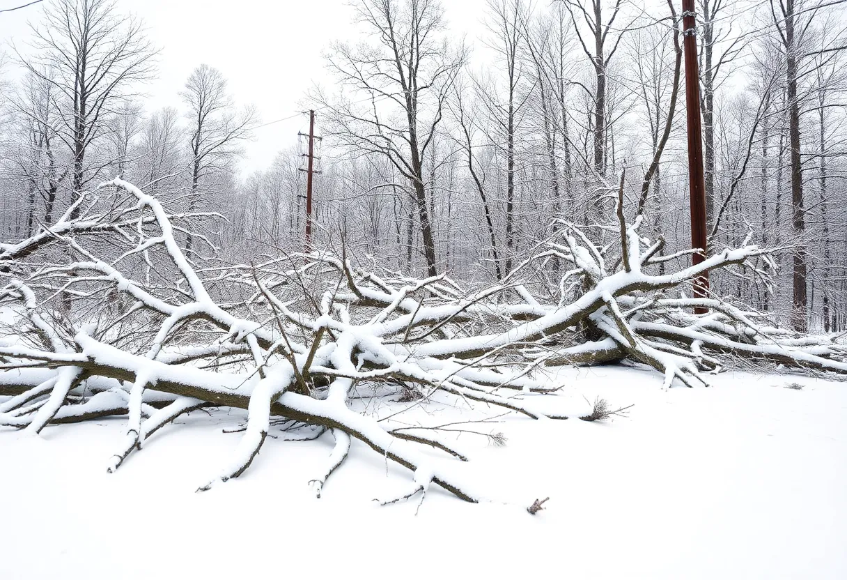 Snow-covered street in Newberry County with fallen trees and power lines after the winter storm.