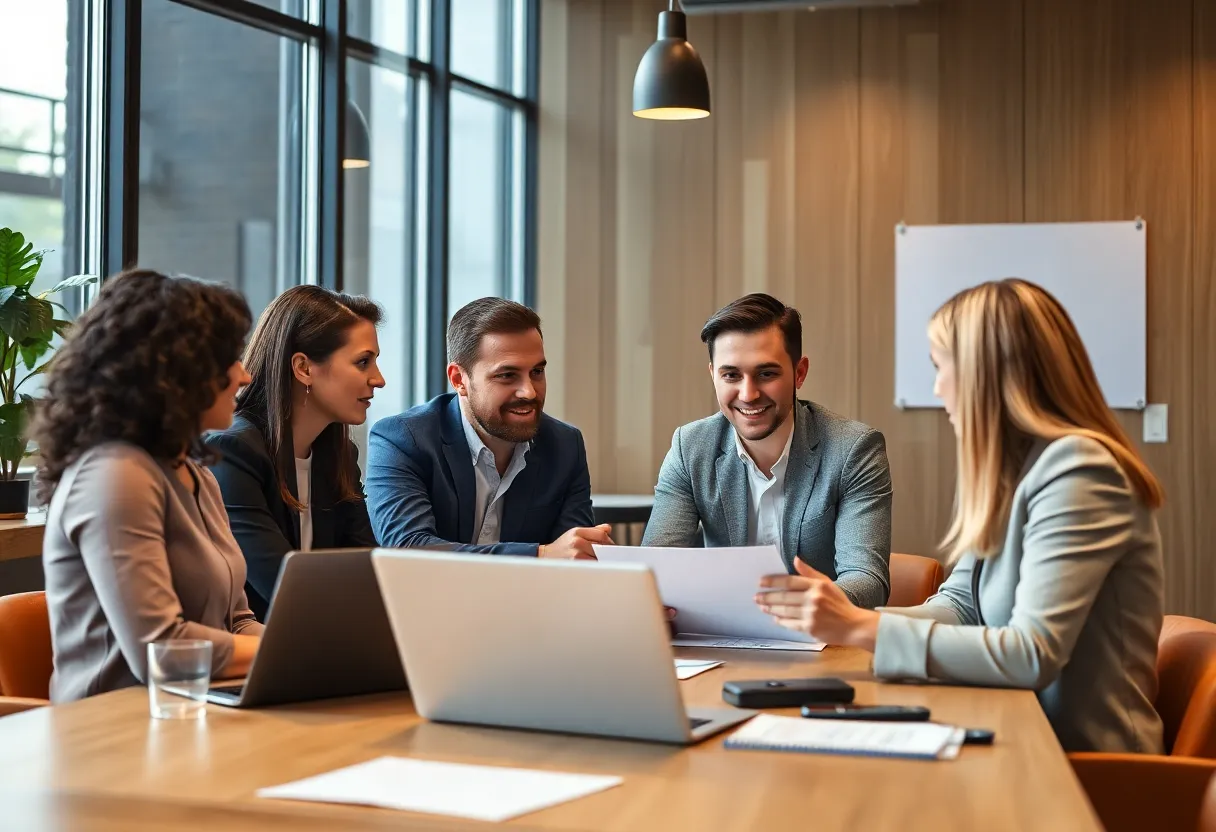 Team meeting between Publicis Media and Dysrupt leadership discussing marketing strategies