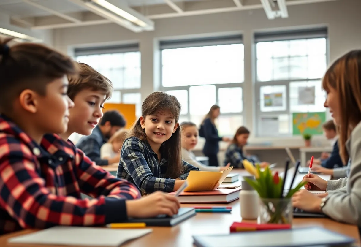 Students in a classroom setting with books and learning materials.