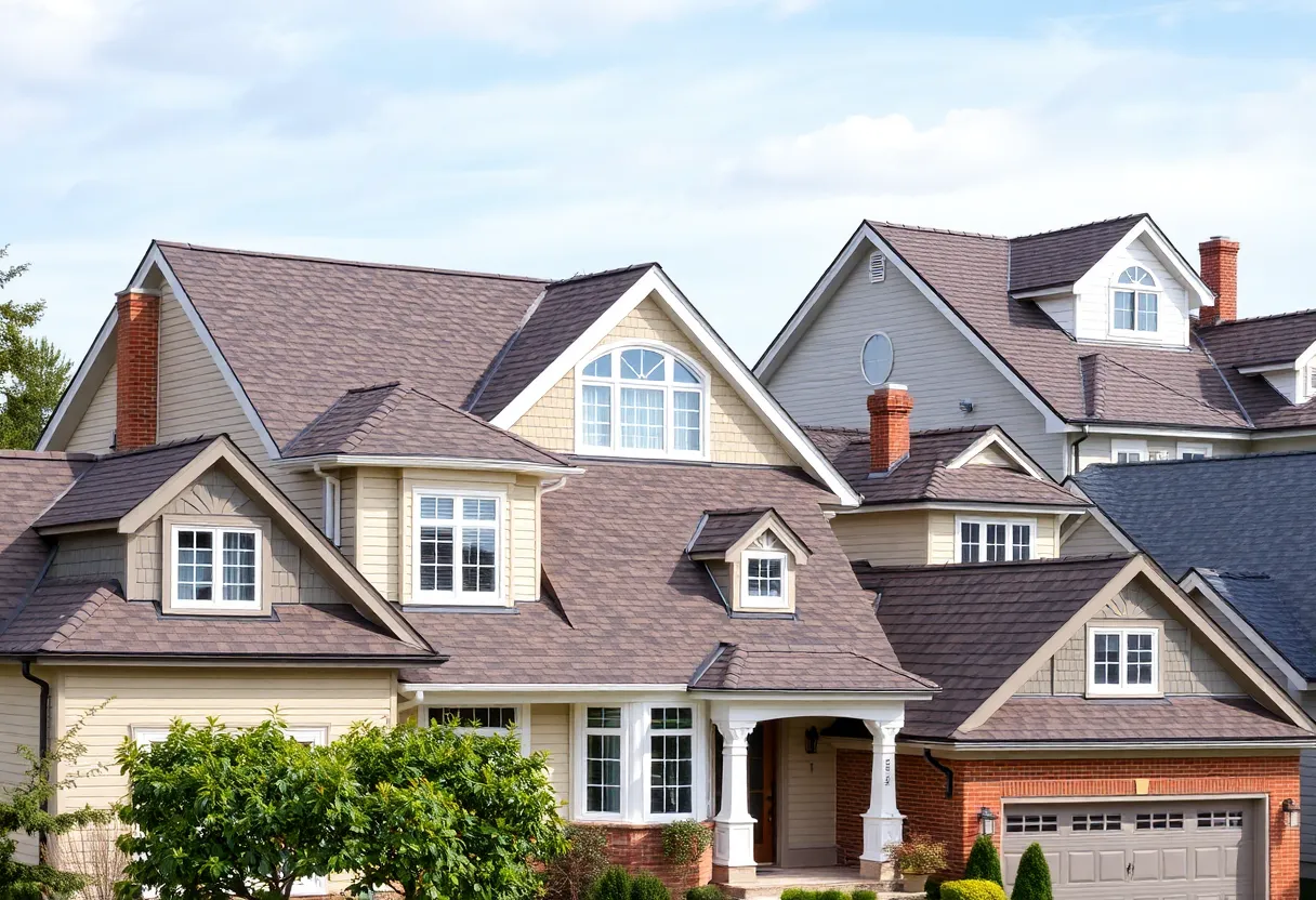 Illustration showing various roofing styles: gable, hip, flat, mansard, and shed roofs.