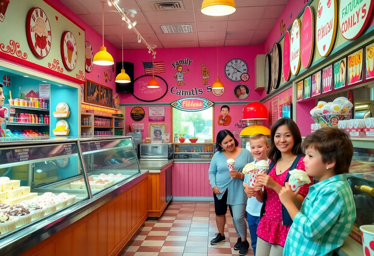 Inside view of Sweet Izzy's Ice Cream Shop with ice cream flavors and happy customers