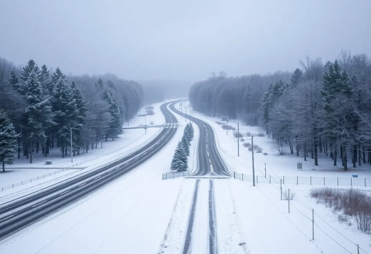 Snow-covered roads and trees during a winter storm in South Carolina