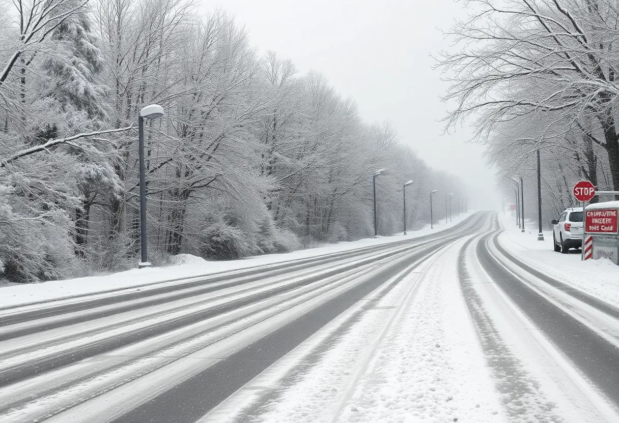 Icy roads and snow-covered landscape due to winter storm