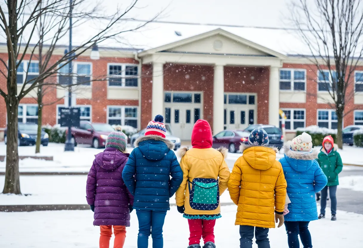 Students in Columbia, S.C. walking in the snow