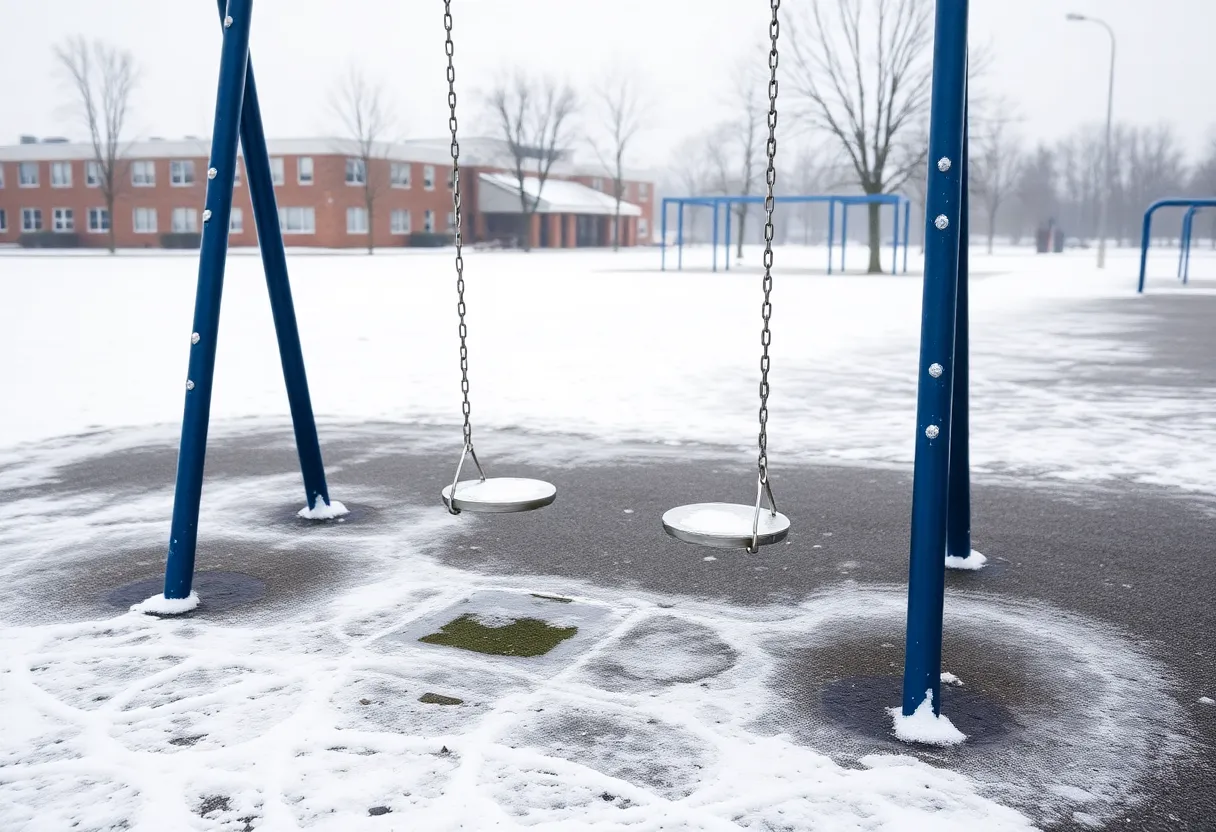 Snow-covered school playground after winter weather
