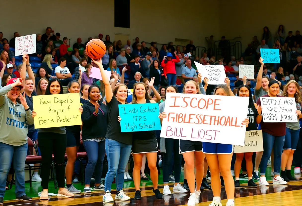 Fans cheering for high school girls basketball players on the court