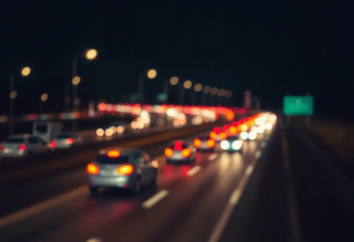 Scene of a highway at night with blurred lights, symbolizing a recent pedestrian accident