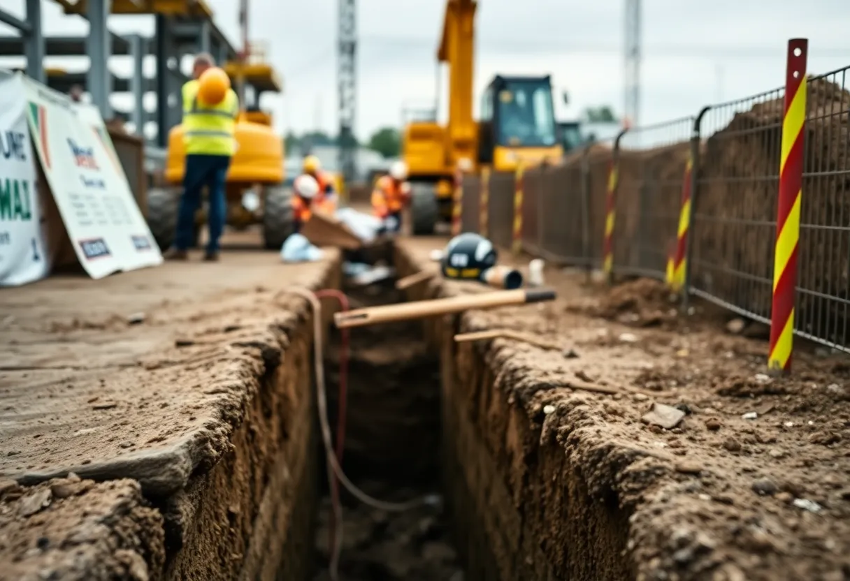 Construction site with a trench on a somber day