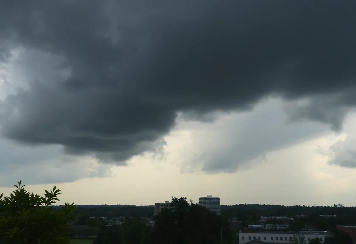 Stormy sky with dark clouds over Columbia, South Carolina during severe weather.