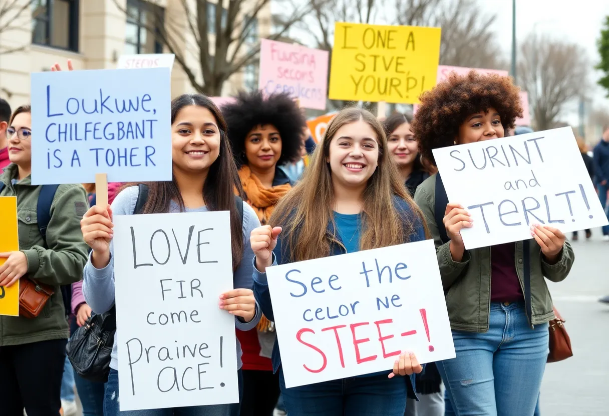 Community members supporting missing teens with signs