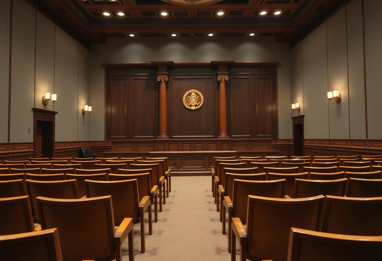 A symbolic courtroom scene with empty chairs representing the complexities of justice.