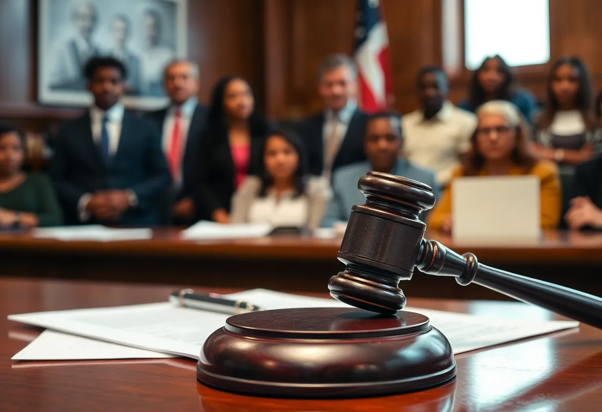 Courtroom scene representing justice and community support