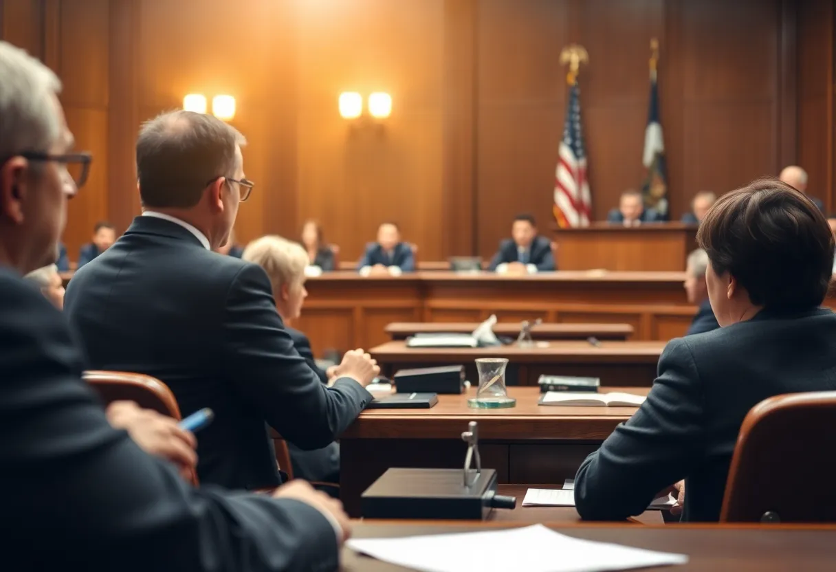 Courtroom scene depicting a jury's verdict