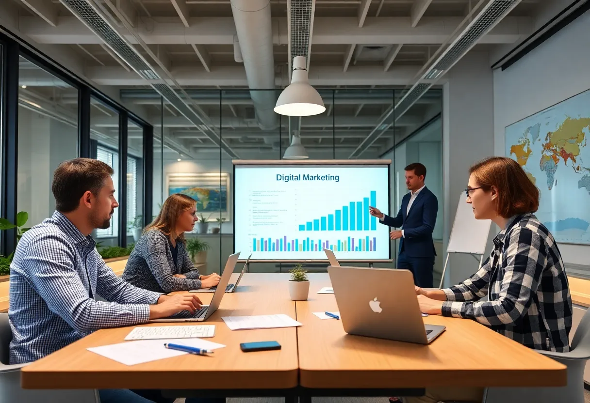 Team discussing digital marketing strategies in an office setting.