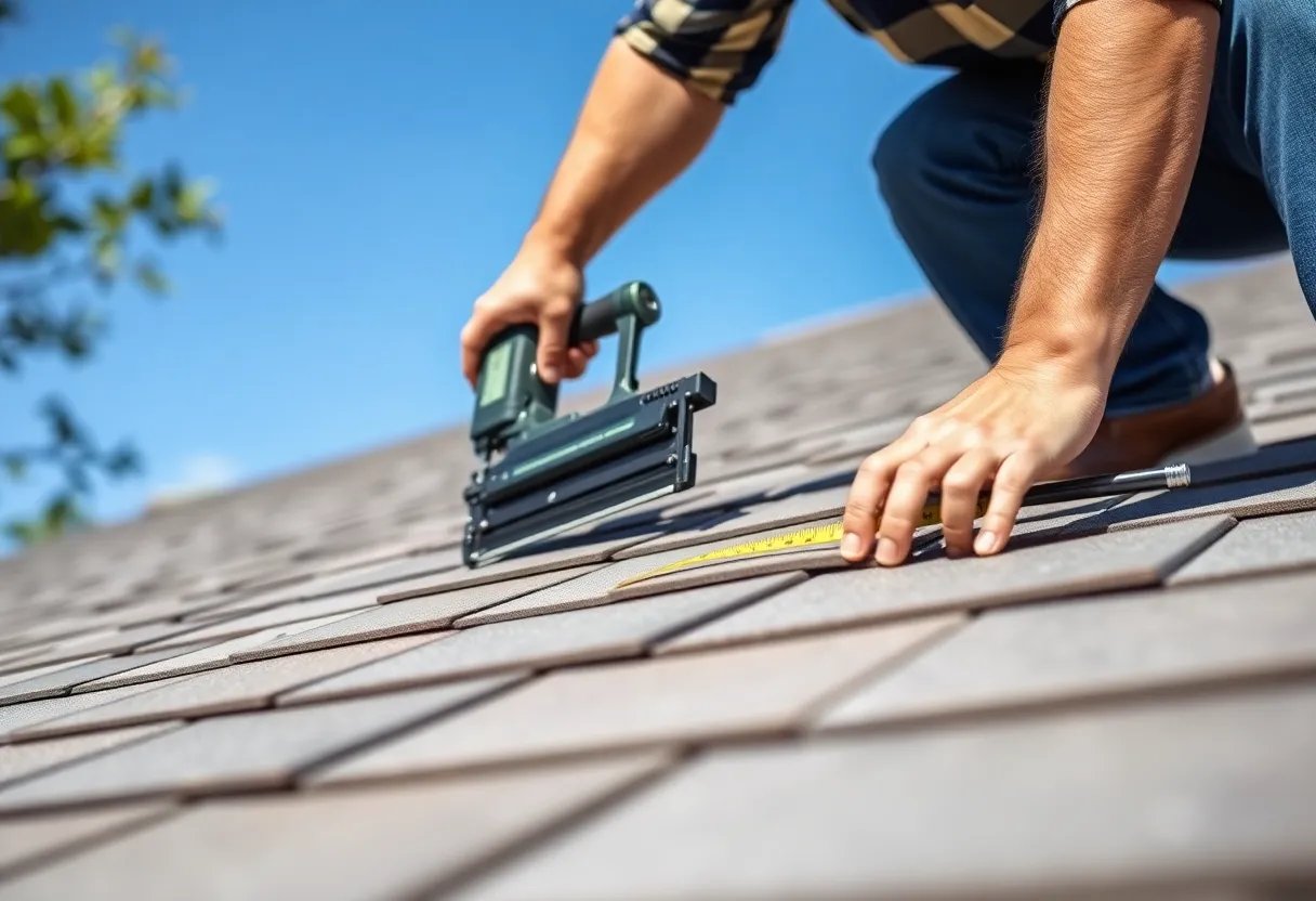 A person engaged in DIY roof shingle installation