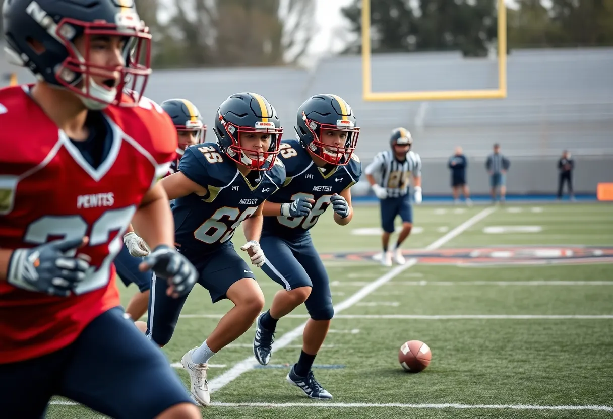 Young football players training on the field