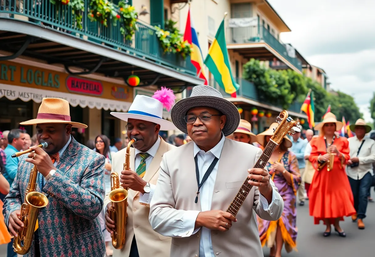 A vibrant New Orleans-style parade during the Joye in Aiken music festival.