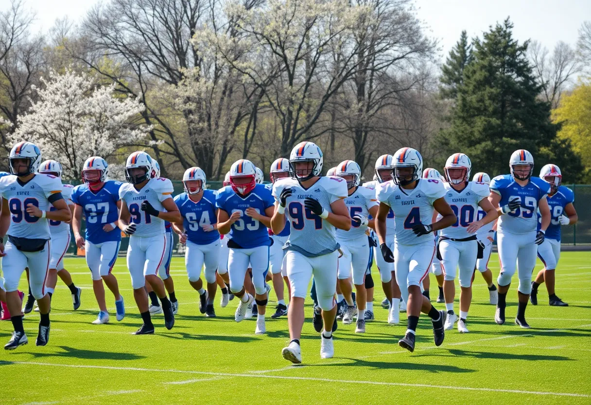 Newberry College Wolves football players practicing in spring