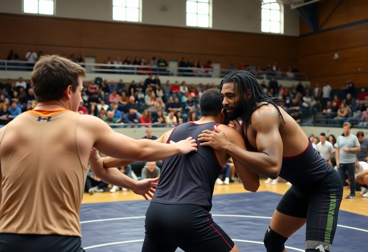 Newberry College wrestlers competing in a match