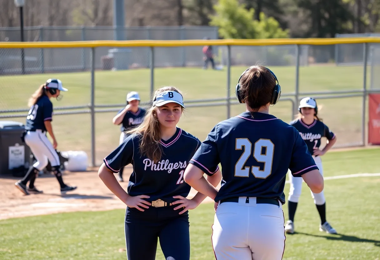 Newberry High School softball players competing on the field during a game