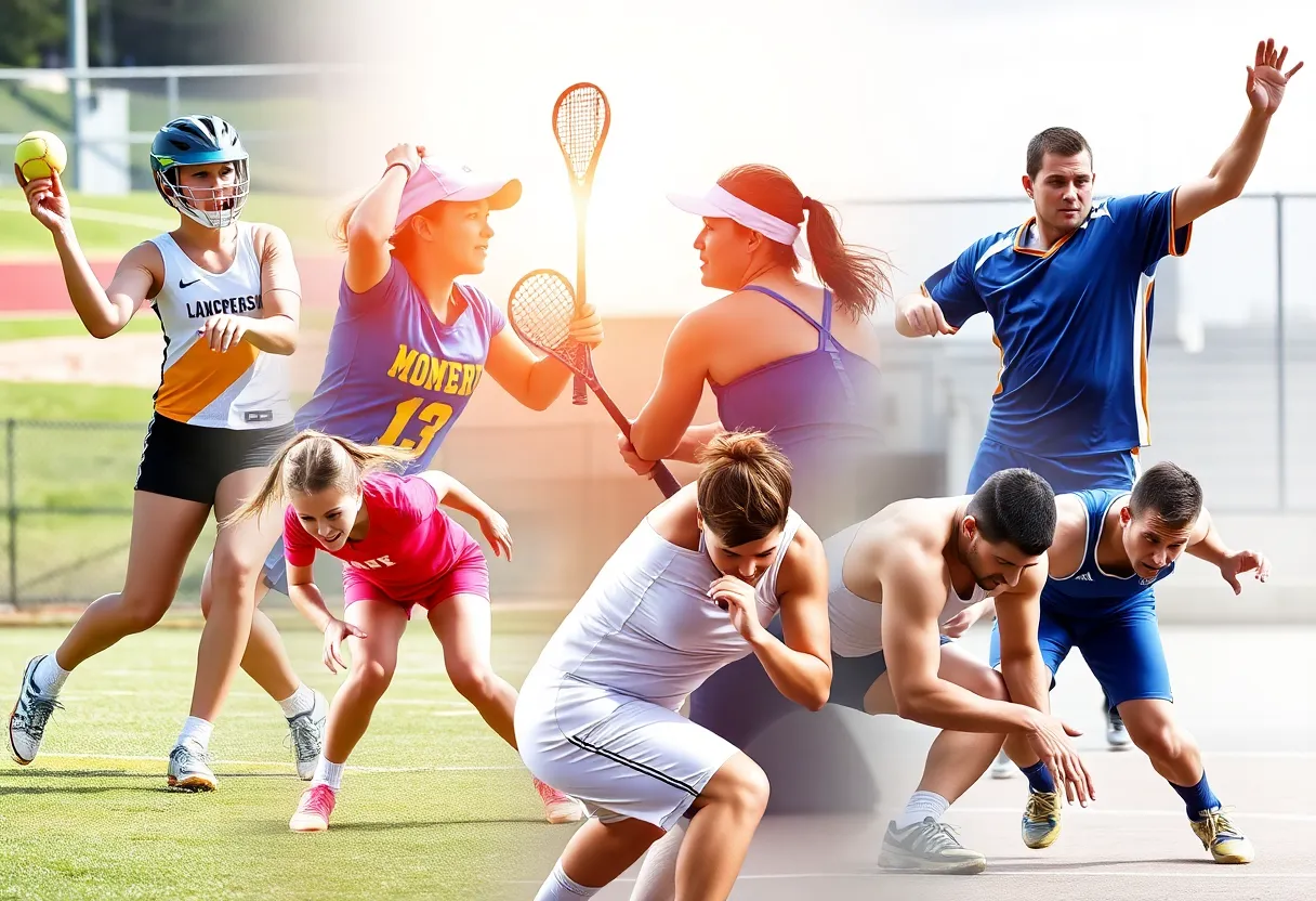 Newberry Wolves athletes competing in softball, lacrosse, tennis, and wrestling.