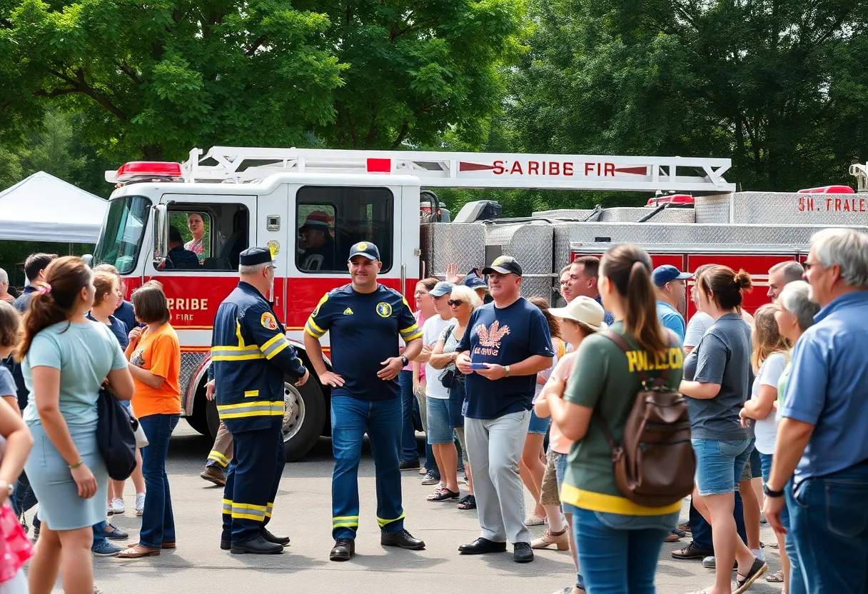 Community members gathering to support firefighters with a fire truck in the background.