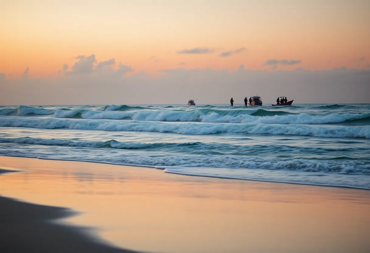 Rescue teams searching at a beach during sunrise